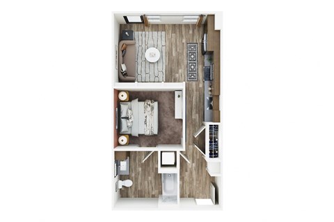 a stylized floor plan with a bedroom and a living room